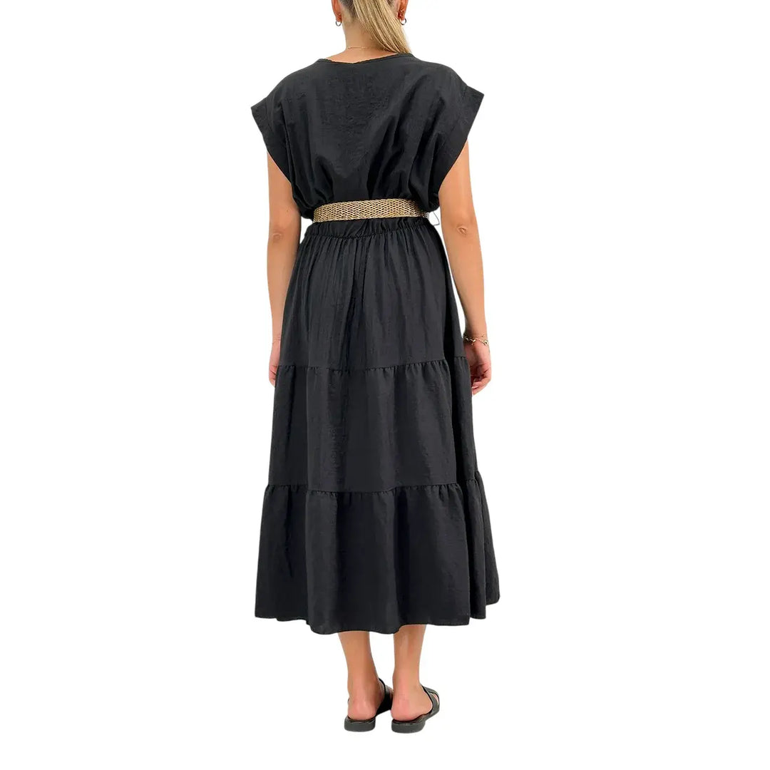 Bassini Abito Donna Nero in Mussola con Scollo V Elastico in Vita e Cinta Intrecciata