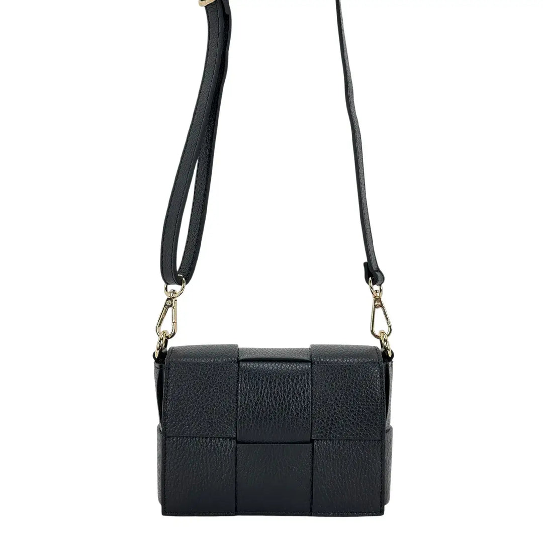 Bassini Borsa Donna Piccola in Pelle Nera Intrecciata con Tracolla Rimovibile e Patta Magnetica