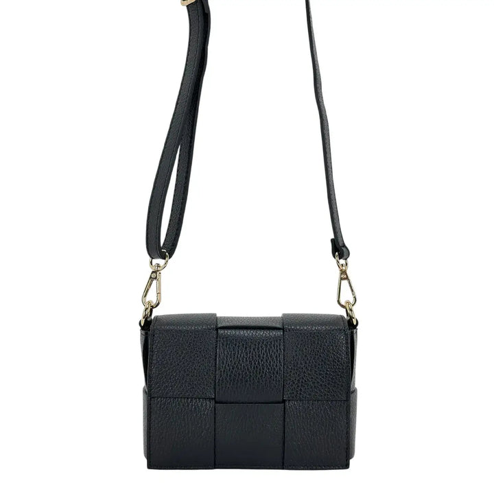 Bassini Borsa Donna Piccola in Pelle Nera Intrecciata con Tracolla Rimovibile e Patta Magnetica