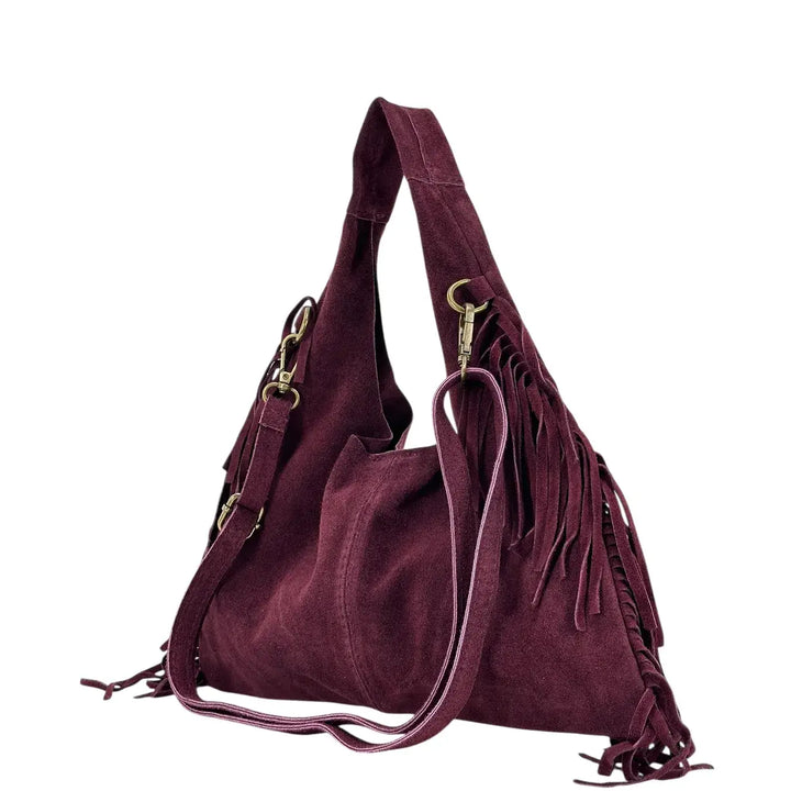 Bassini Borsa Donna in Pelle Scamosciata Burgundi con Frange Laterali e Tracolla Rimovibile