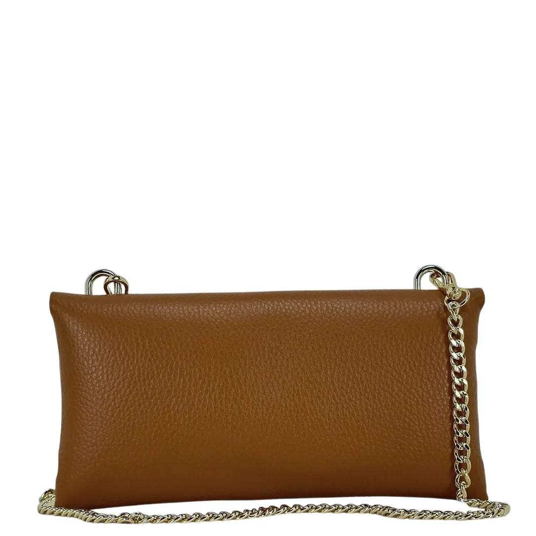 Bassini Borsa Donna Piccola in Pelle Cuoio con Tracolla Oro e Chiusura Girello Bambù