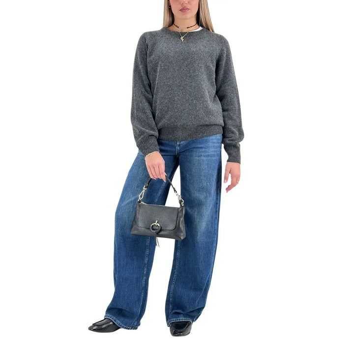 Bassini Maglia Donna Grigio Melange Girocollo Oversize con Maniche Raglan e Orlo a Costine