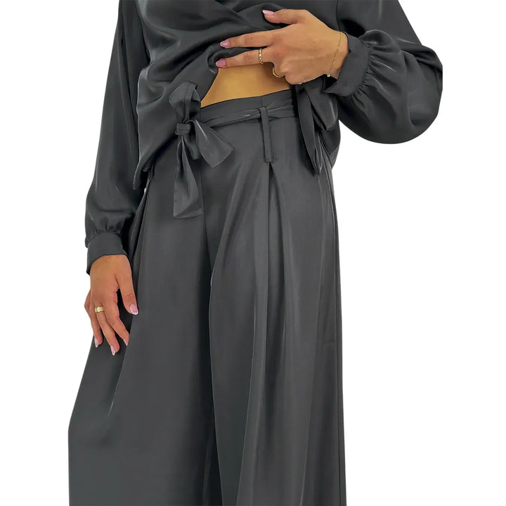 Bassini Pantaloni Donna Palazzo Nero Oversize con Elastico in Vita e Cintura a Fiocco
