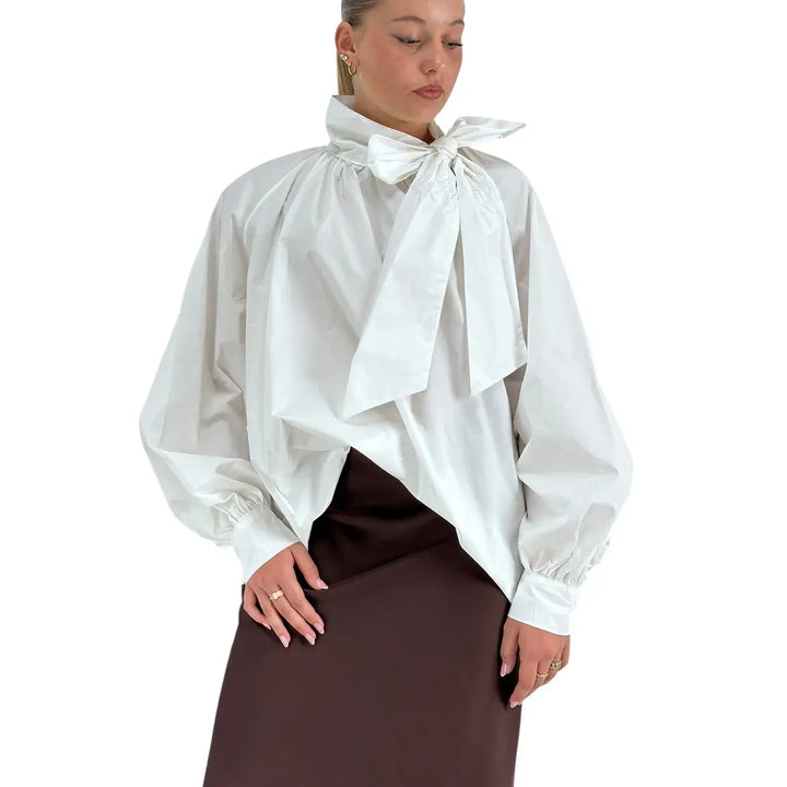 Bassini Blusa Donna Bianca Oversize in Cotone con Collo a Fiocco