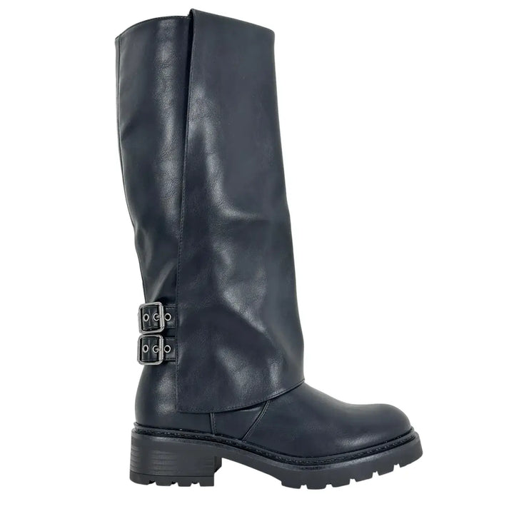Bassini Stivale Donna Nero Biker in Ecopelle Effetto Used con Doppia Fibbetta e Tacco 4 cm