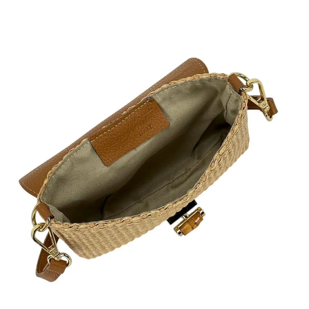 Bassini Borsa Donna Piccola in Raffia e Pelle Cuoio con Tracolla Rimovibile e Girello Bambù