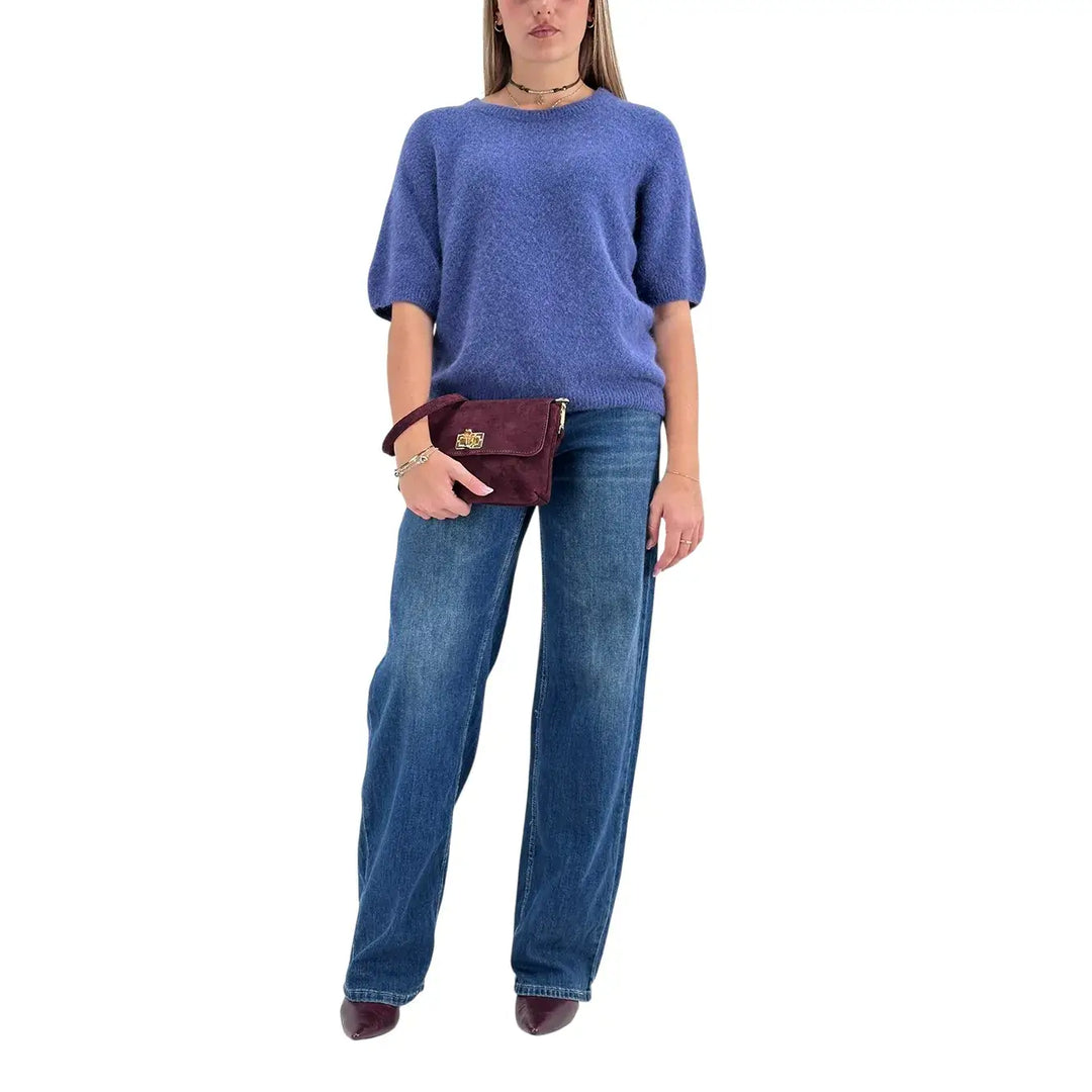 Bassini Maglia Donna Blu Cenere Girocollo Oversize con Maniche Corte Raglan e Orlo a Costine