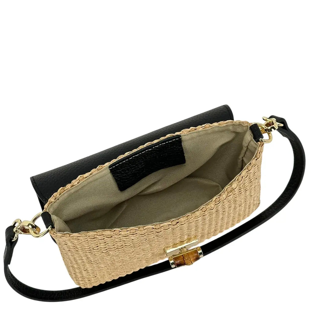 Bassini Borsa Donna Piccola in Raffia e Pelle Nera con Tracolla Rimovibile e Girello Bambù
