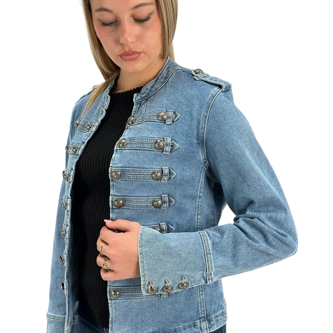 Bassini Giacca Donna Blu Chiaro in Denim Stile Napoleonico Slim con Maniche Lunghe