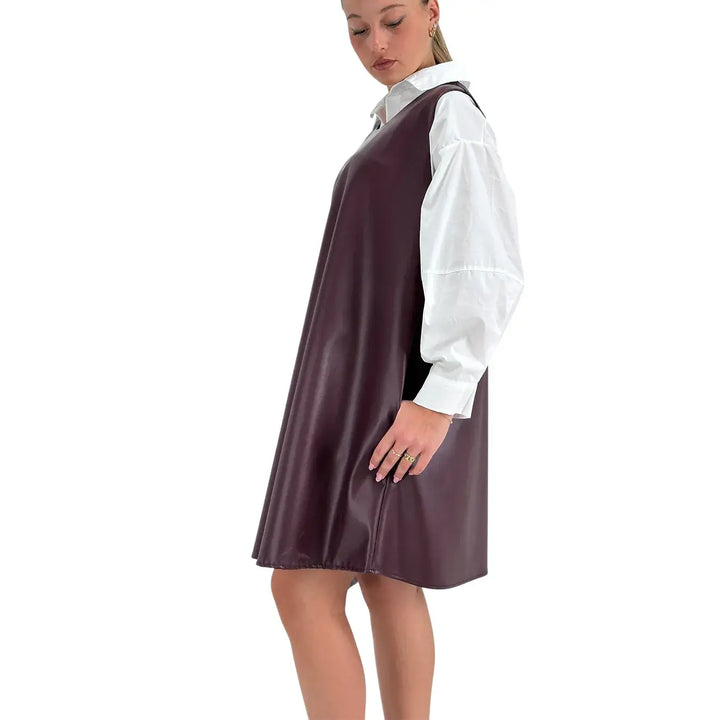 Bassini Abito Donna in Ecopelle Vino Smanicato Oversize a Trapezio con Scollo a Barca e Tasche Laterali