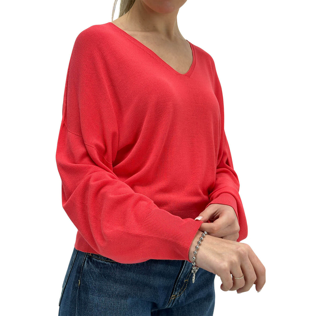 Kontatto Maglia Donna, Scollo a V, Basic, Tessuto Misto, Rosso