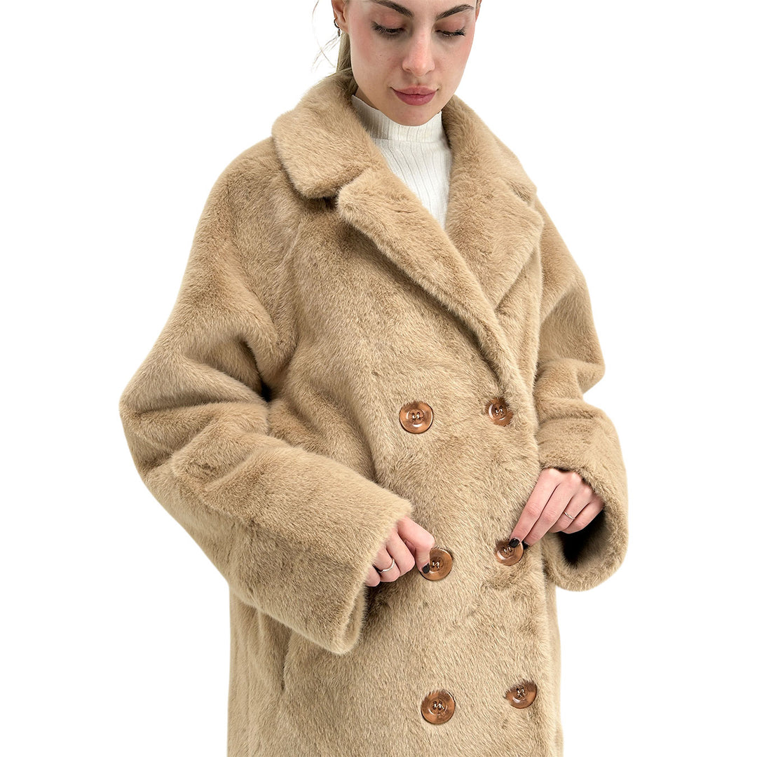 Bassini Cappotto Faux Mink Fur Donna, Pelliccia Sintetica, Beige