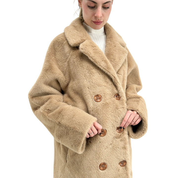 Bassini Cappotto Faux Mink Fur Donna, Pelliccia Sintetica, Beige