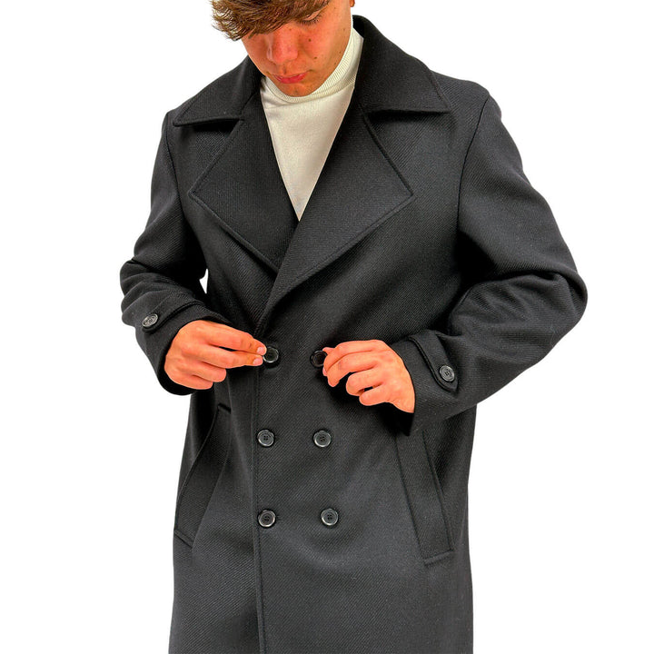 I'm Brian Men's Coat, Double Breasted, Classic Collar, Mixed Fabric, Black