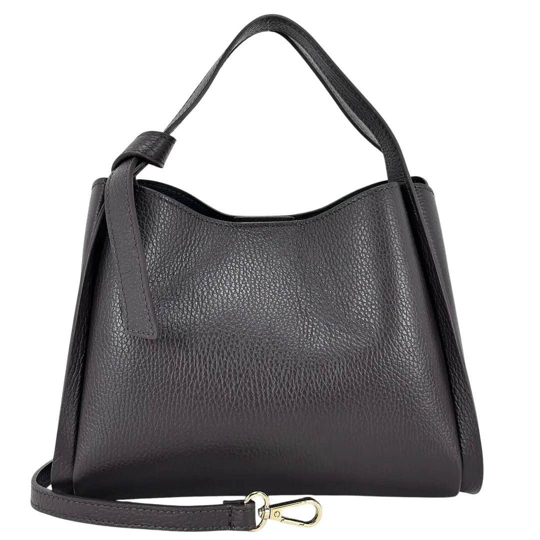 Bassini Borsa Donna in Pelle Cioccolato con Due Manici, Nodo Ornamentale e Tracolla Rimovibile