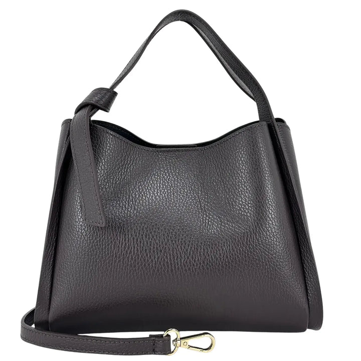 Bassini Borsa Donna in Pelle Cioccolato con Due Manici, Nodo Ornamentale e Tracolla Rimovibile