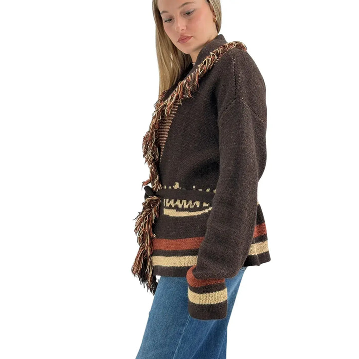 Bassini Cardigan Donna Aperto Cioccolato e Terra di Siena con Cintura in Maglia e Ricamo Mountain