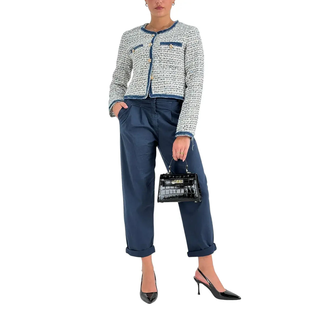 Bassini Giacca Donna Blu Modello Rebecca in Tweed con Bottoni Color Oro