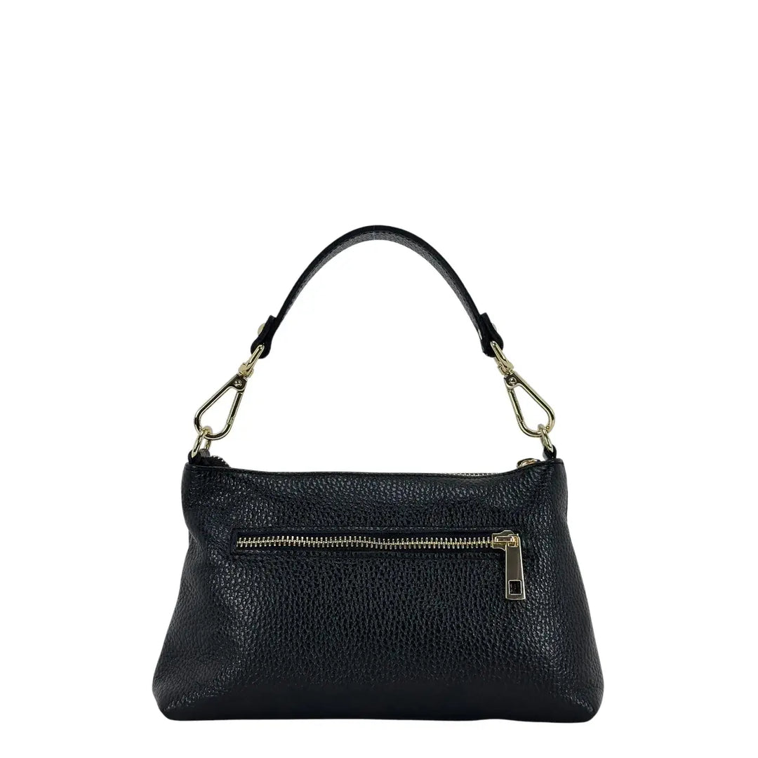 Bassini Borsa Donna Piccola in Pelle Nera con Doppia Tracolla e Accessorio Metallico