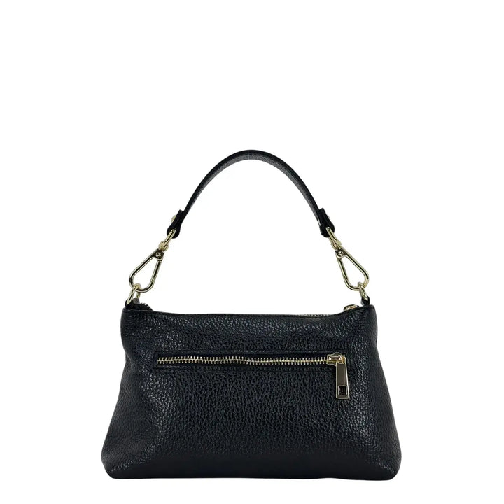 Bassini Borsa Donna Piccola in Pelle Nera con Doppia Tracolla e Accessorio Metallico