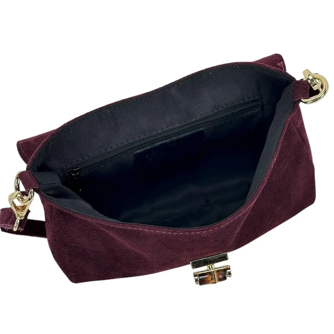 Bassini Borsa Donna in Pelle Scamosciata Burgundi con Pattina e Girello in Bambù e Tracolla Rimovibile