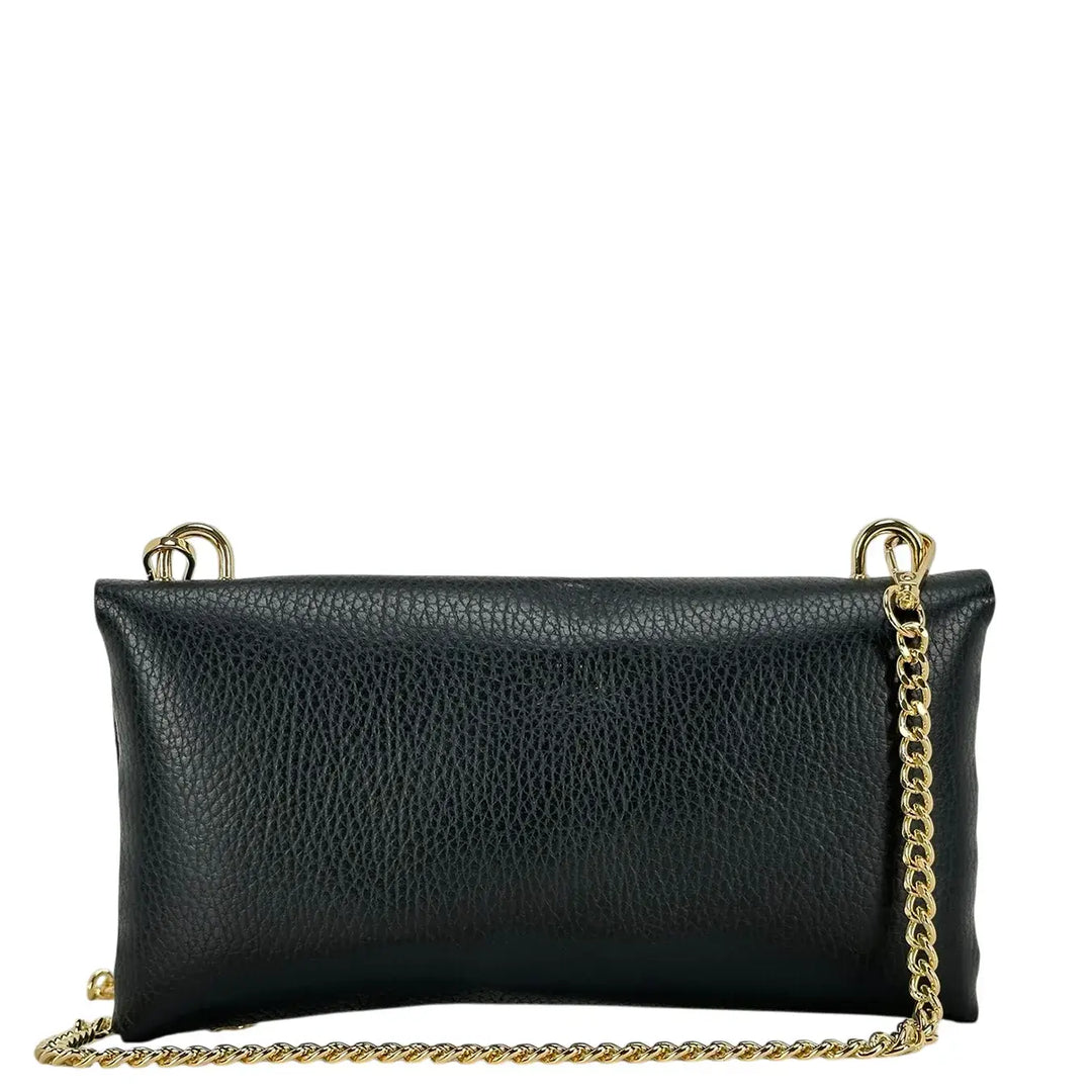 Bassini Borsa Donna Piccola in Pelle Nera con Tracolla Catena Oro e Chiusura Girello Bambù