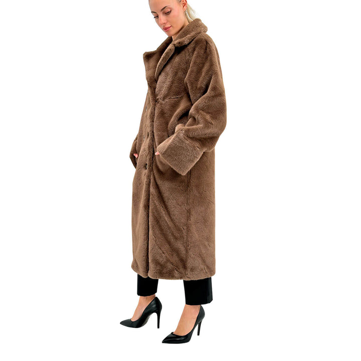 Bassini Cappotto Lungo Donna, Ecopelliccia, Doppio Petto, Marrone