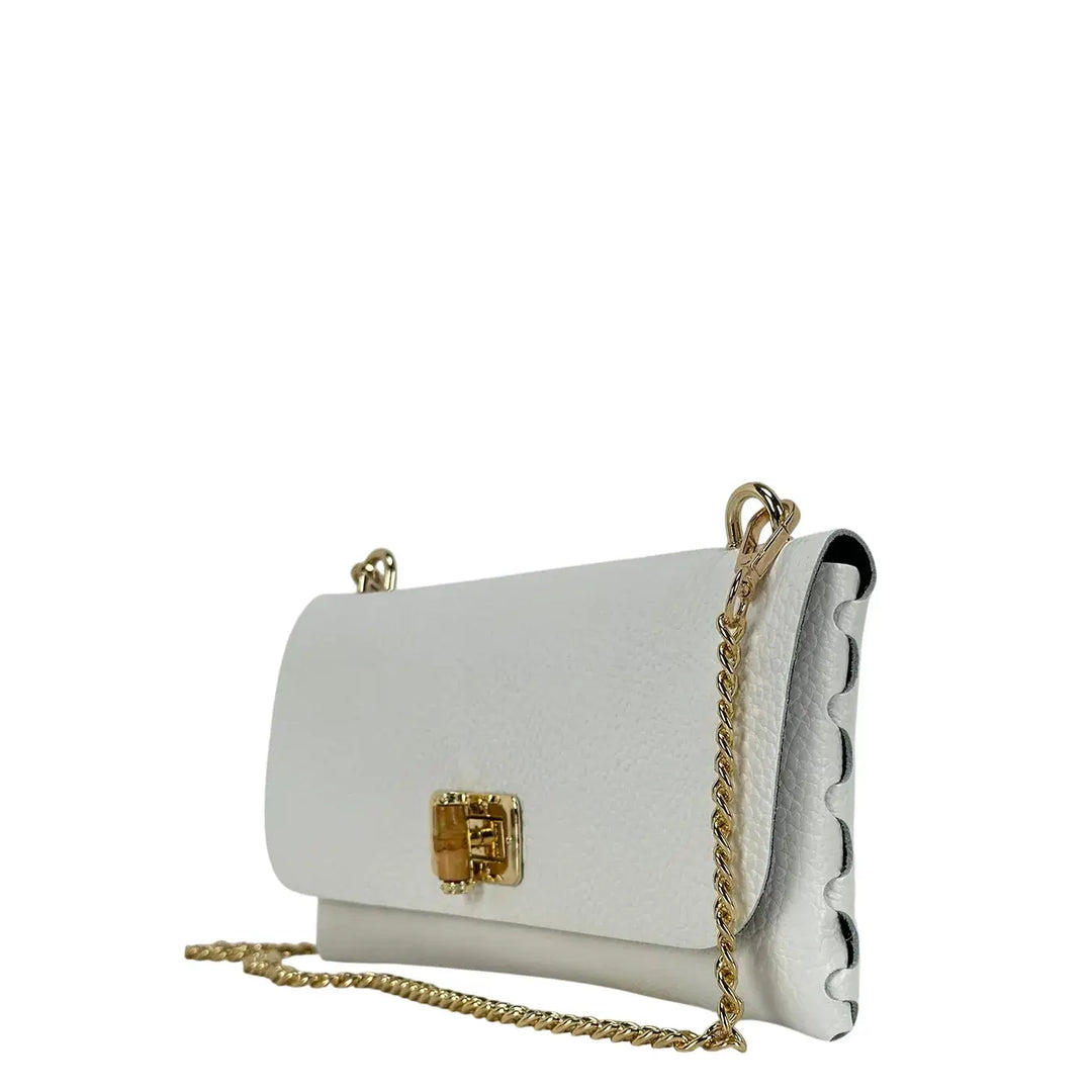 Bassini Borsa Donna Piccola in Pelle Bianca con Tracolla Catena Oro e Chiusura Girello Bambù