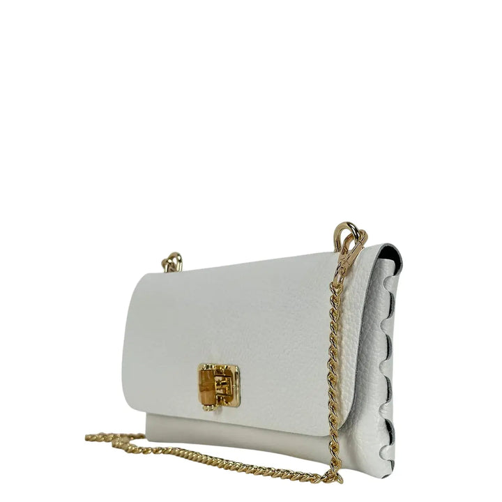 Bassini Borsa Donna Piccola in Pelle Bianca con Tracolla Catena Oro e Chiusura Girello Bambù