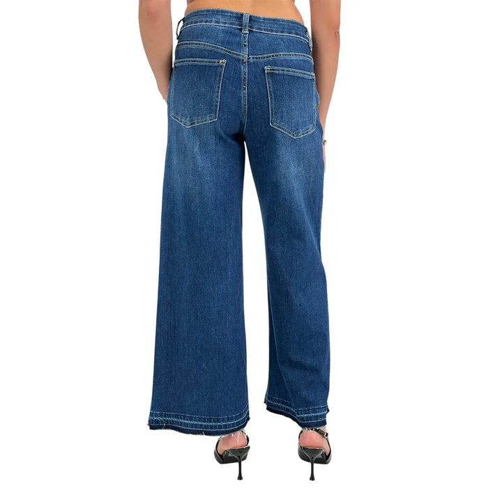 Bassini Jeans Donna Blu Scuro Palazzo in Denim Elasticizzato con Fondo Sfrangiato
