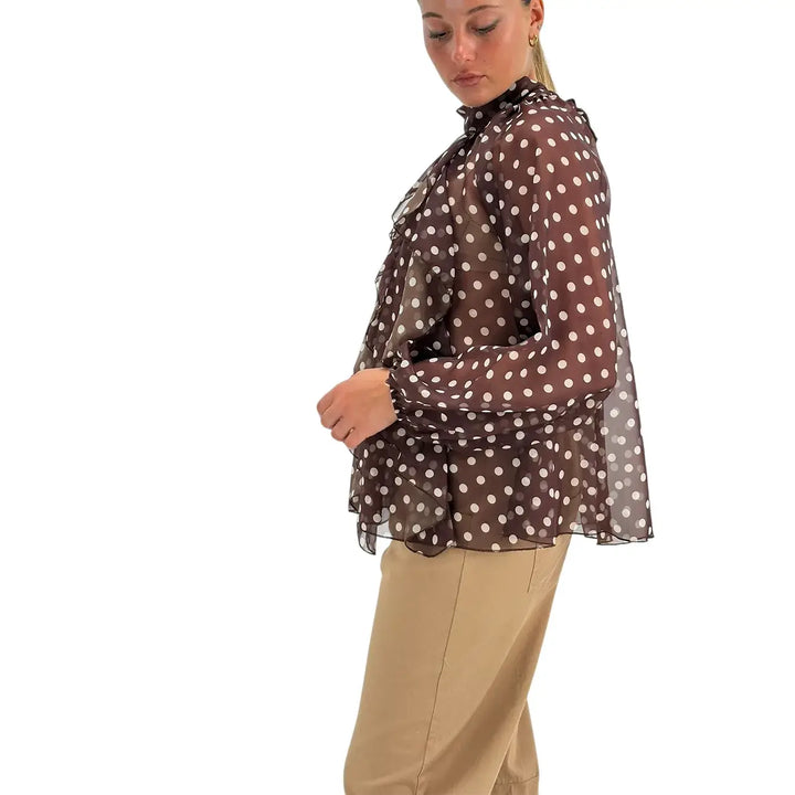 Bassini Blusa Donna Cioccolata con Pois Beige Maniche Lunghe a Sbuffo e Fiocco sul Colletto