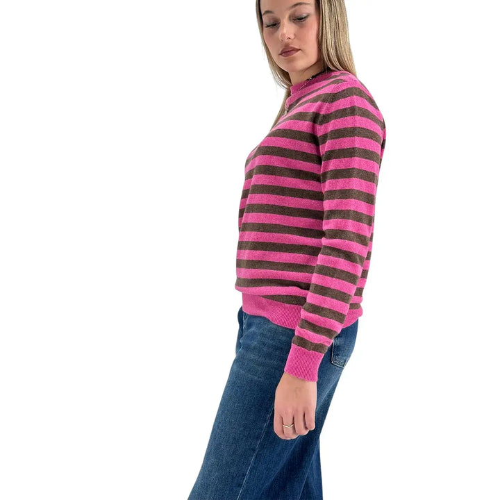 Bassini Maglia Donna Fucsia a Righe Cioccolato Girocollo Oversize con Maniche Lunghe