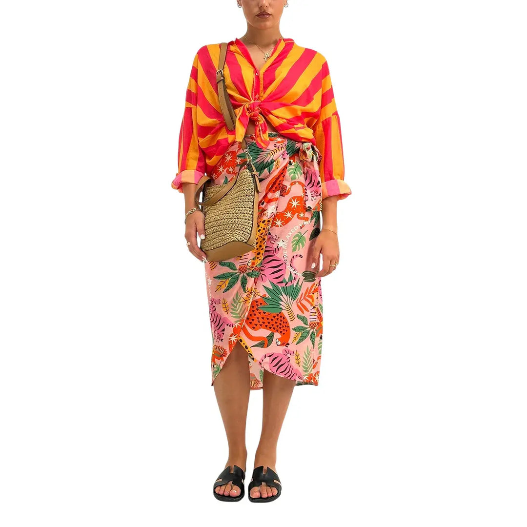 Motel Camicia Donna Arancio e Fucsia a Righe con Nodo Frontale, Collo Coreano e Maniche Tre Quarti