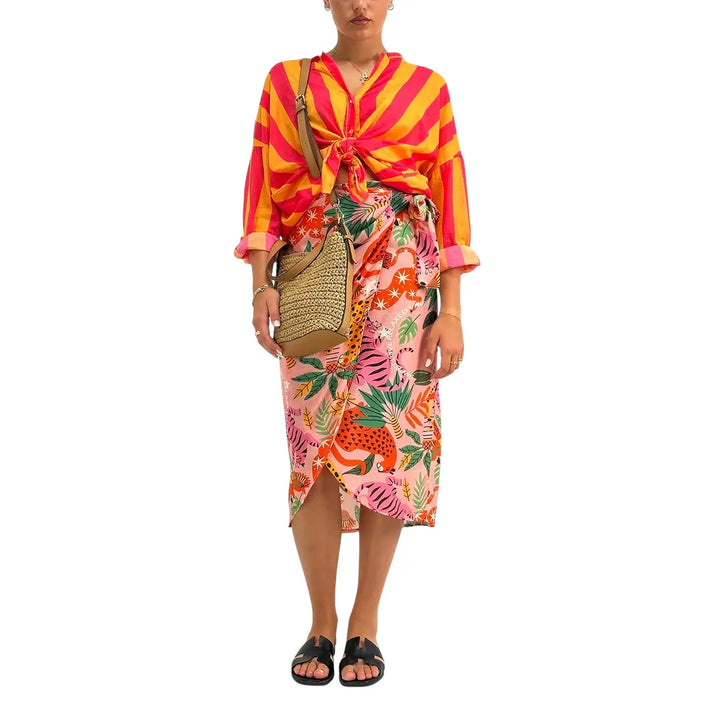 Motel Camicia Donna Arancio e Fucsia a Righe con Nodo Frontale, Collo Coreano e Maniche Tre Quarti
