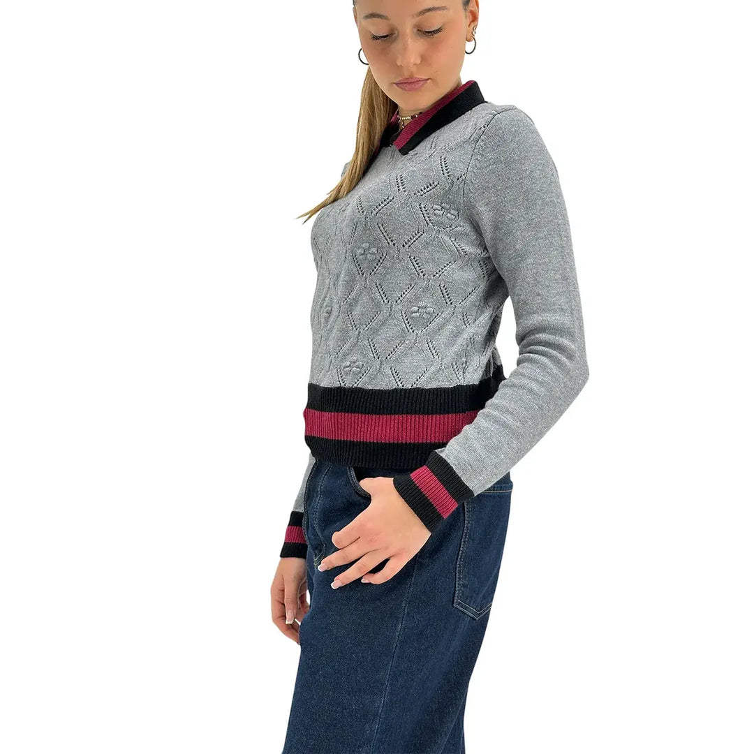 Koralline, Maglia Polo Traforata, Donna, Tessuto Misto, Grigio