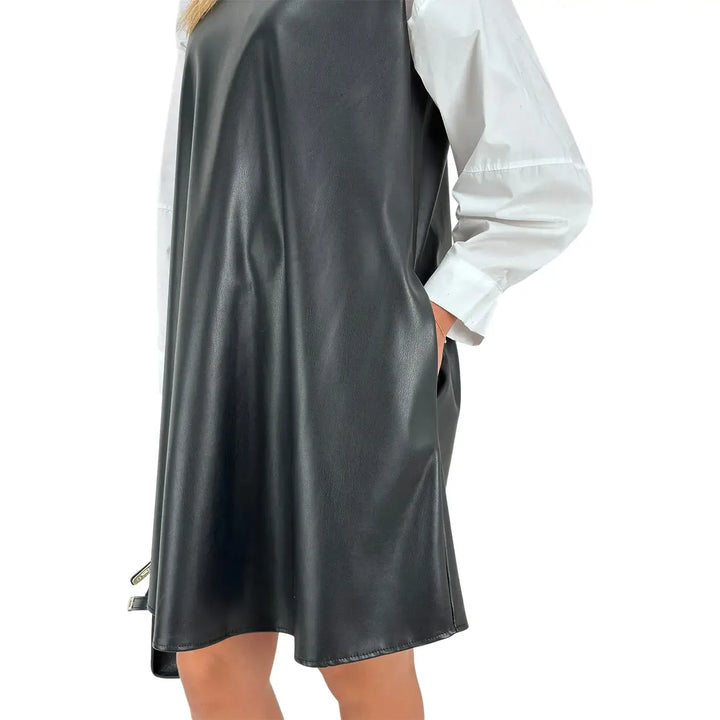 Bassini Abito Donna in Ecopelle Nero Smanicato Oversize a Trapezio con Scollo a Barca e Tasche Laterali