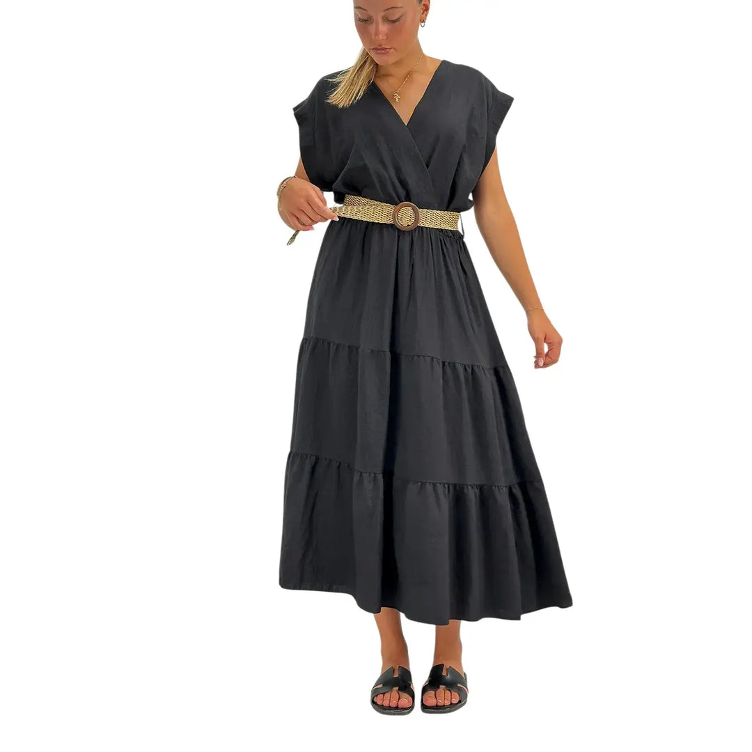Bassini Abito Donna Nero in Mussola con Scollo V Elastico in Vita e Cinta Intrecciata
