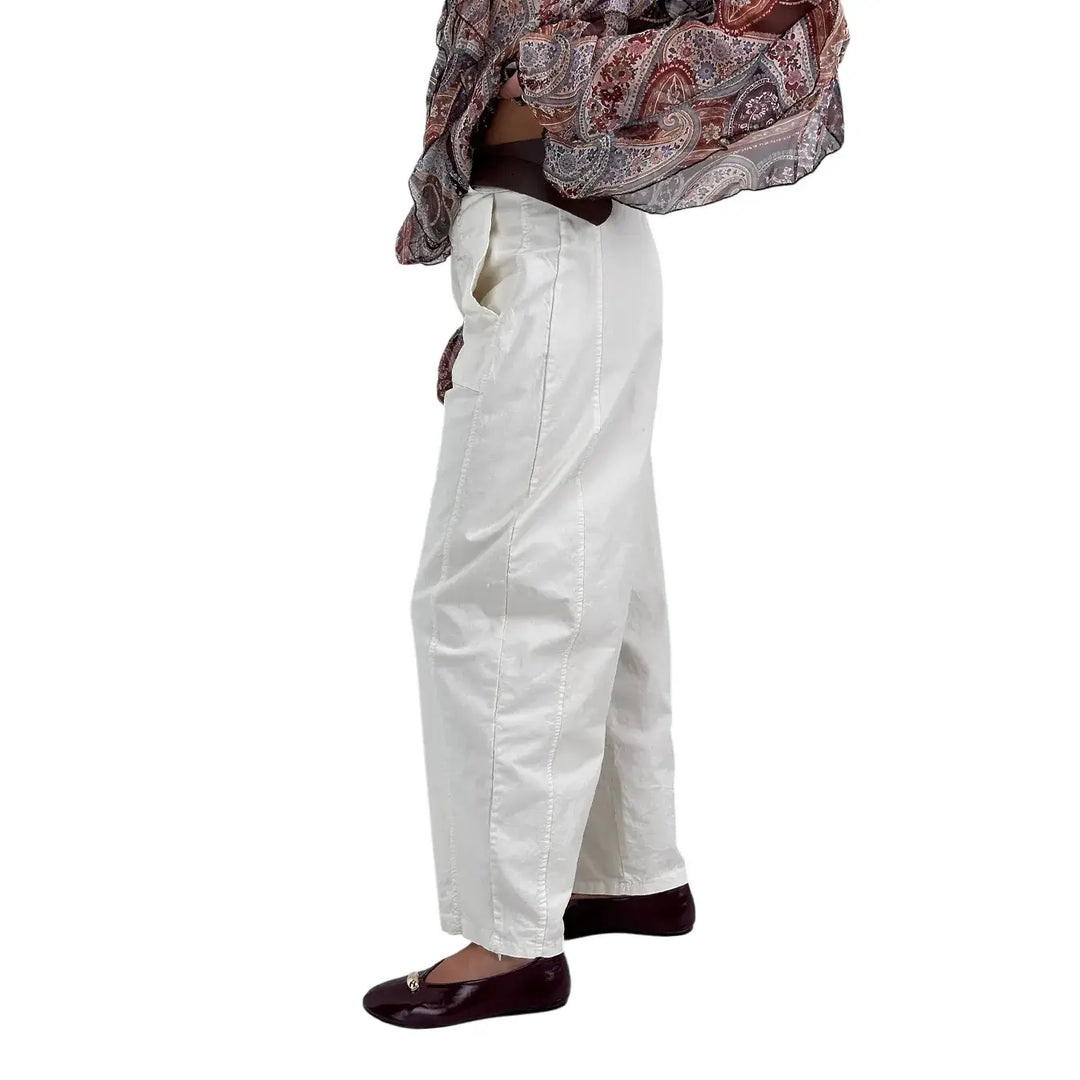 Bassini Pantaloni Donna Avorio Oversize Modello Banana con Tasche a Toppa e Cintura in Ecopelle