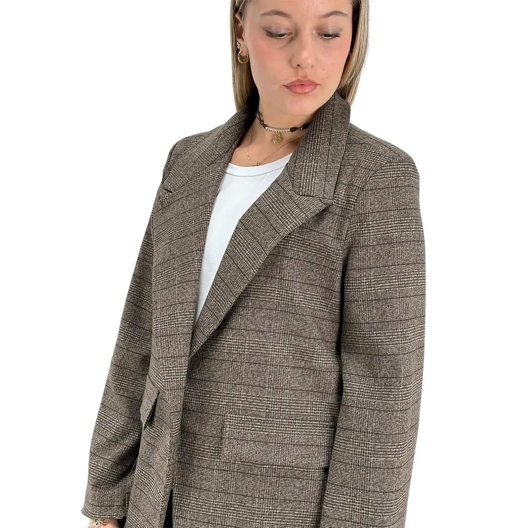 Bassini Giacca Donna Marrone Principe di Galles con Chiusura Asimmetrica a Un Bottone e Tasche con Patta
