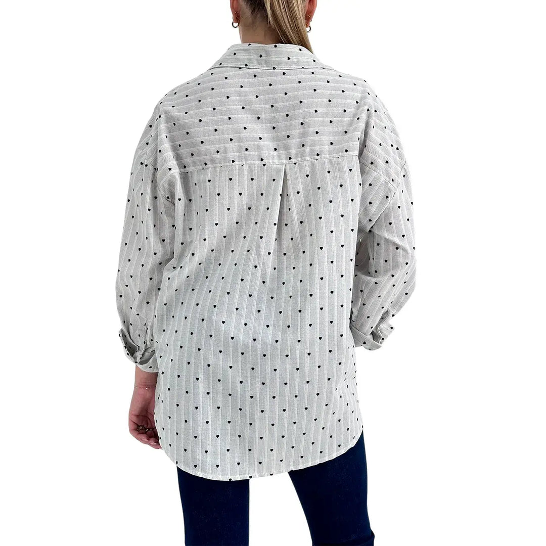 Bassini Camicia Donna Over Celeste a Righe con Micro Ricami a Cuore Blu in 100% Cotone