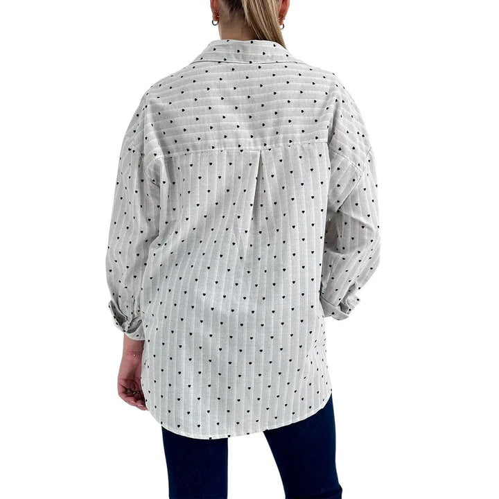 Bassini Camicia Donna Over Celeste a Righe con Micro Ricami a Cuore Blu in 100% Cotone