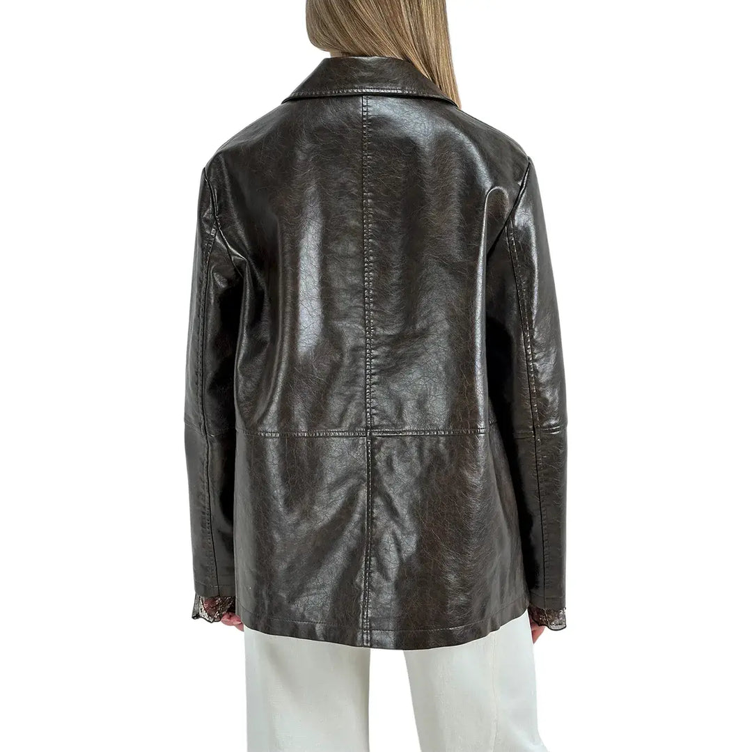 Bassini Giacca Donna in Ecopelle Marrone Effetto Vintage Oversize con Tasche con Patta