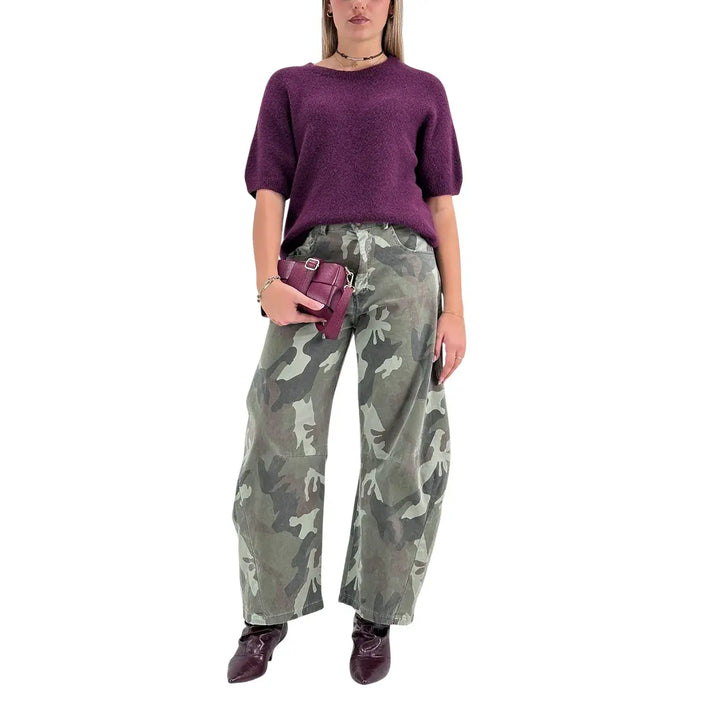 Bassini Maglia Donna Borgogna Girocollo Oversize con Maniche Corte Raglan e Orlo a Costine