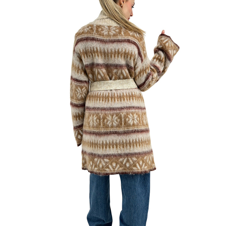 Kontatto Maglia Donna, Cardigan Lungo, Fantasia Geometrica, Beige