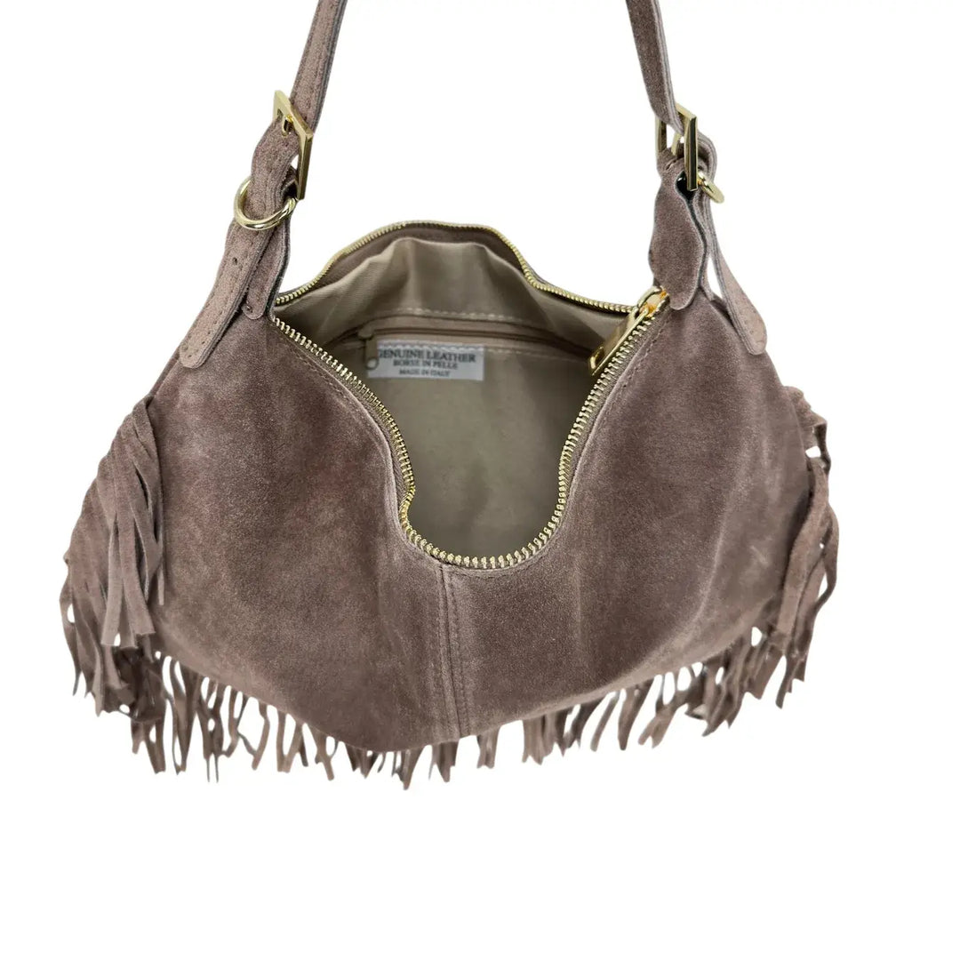 Bassini Borsa Donna in Pelle Scamosciata con Frange Laterali e Tracolla Intercambiabile Taupe