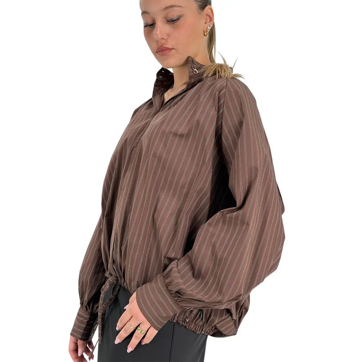 Bassini Camicia Donna Cioccolato a Righe Marrone Scuro Oversize con Coulisse e Collo alla Coreana