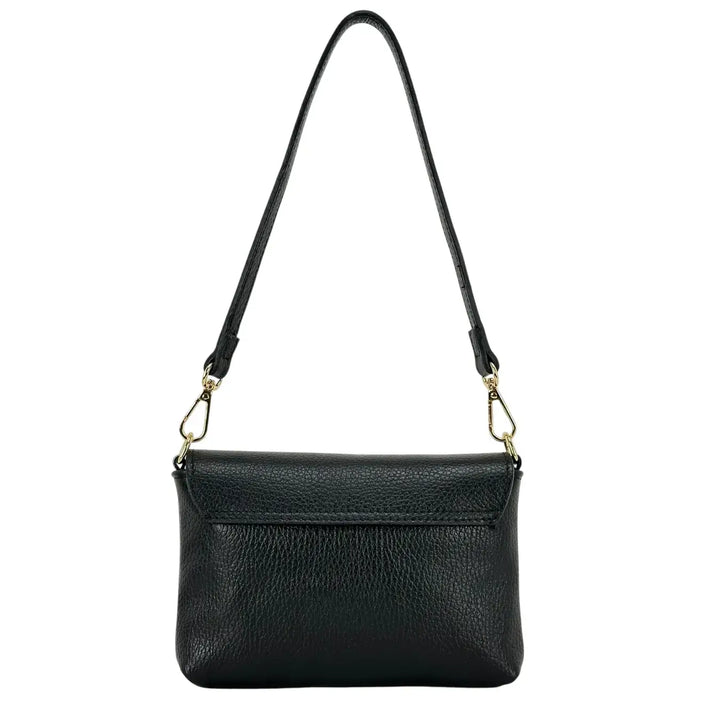 Bassini Borsa Donna Mini in Pelle Nera con Pattina Chiusura Girello Bambù e Tracolla Rimovibile