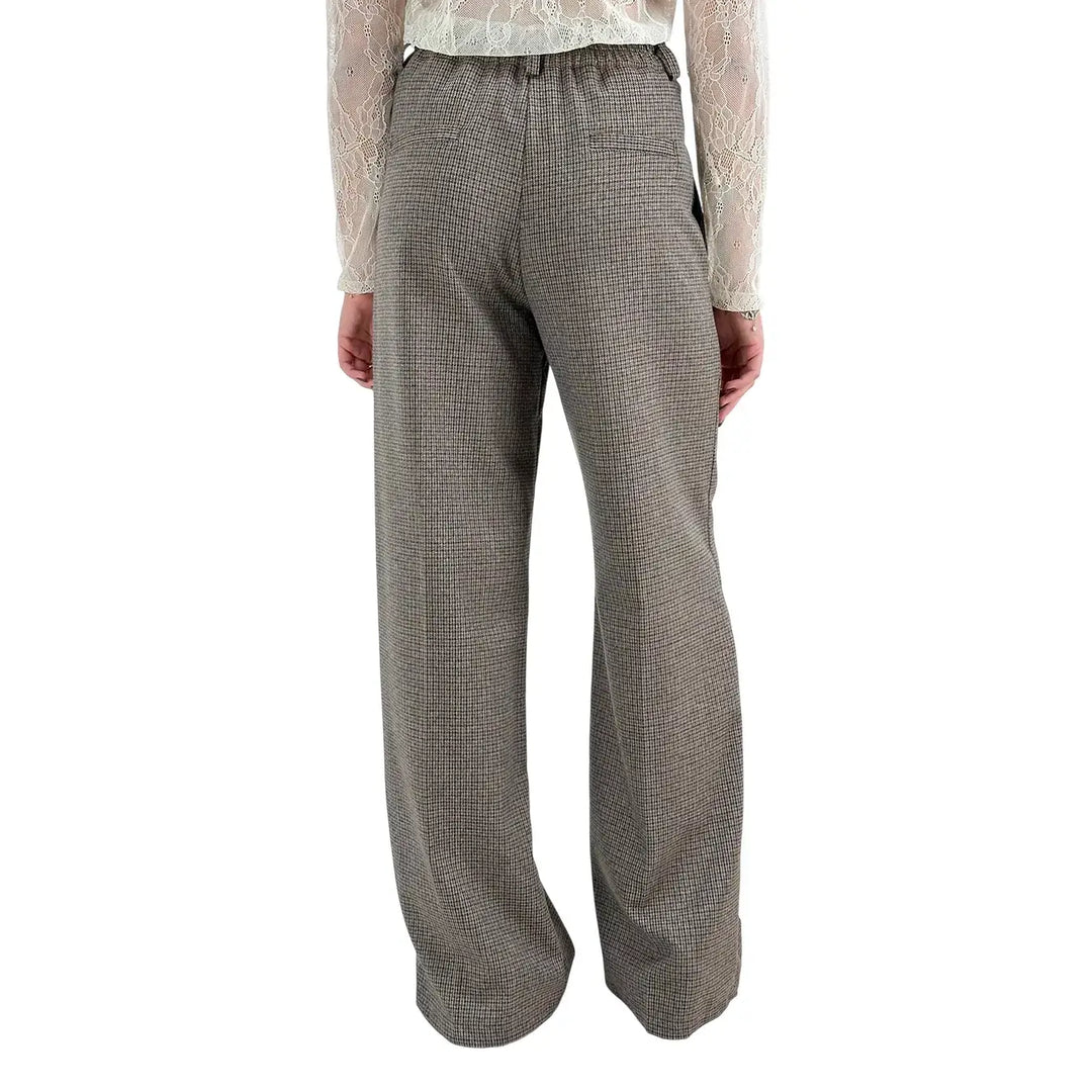 Bassini Pantaloni Donna Marroni Palazzo Principe di Galles con Elastico in Vita e Tasche a Filo