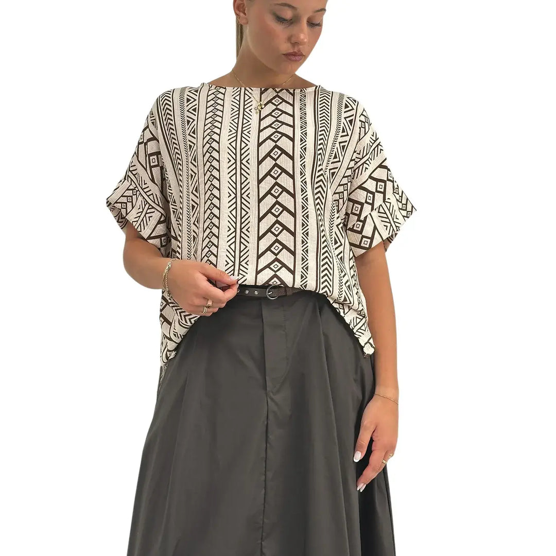 Bassini Blusa Donna Burro con Fantasia Moro, Scollo Madonna e Maniche Corte