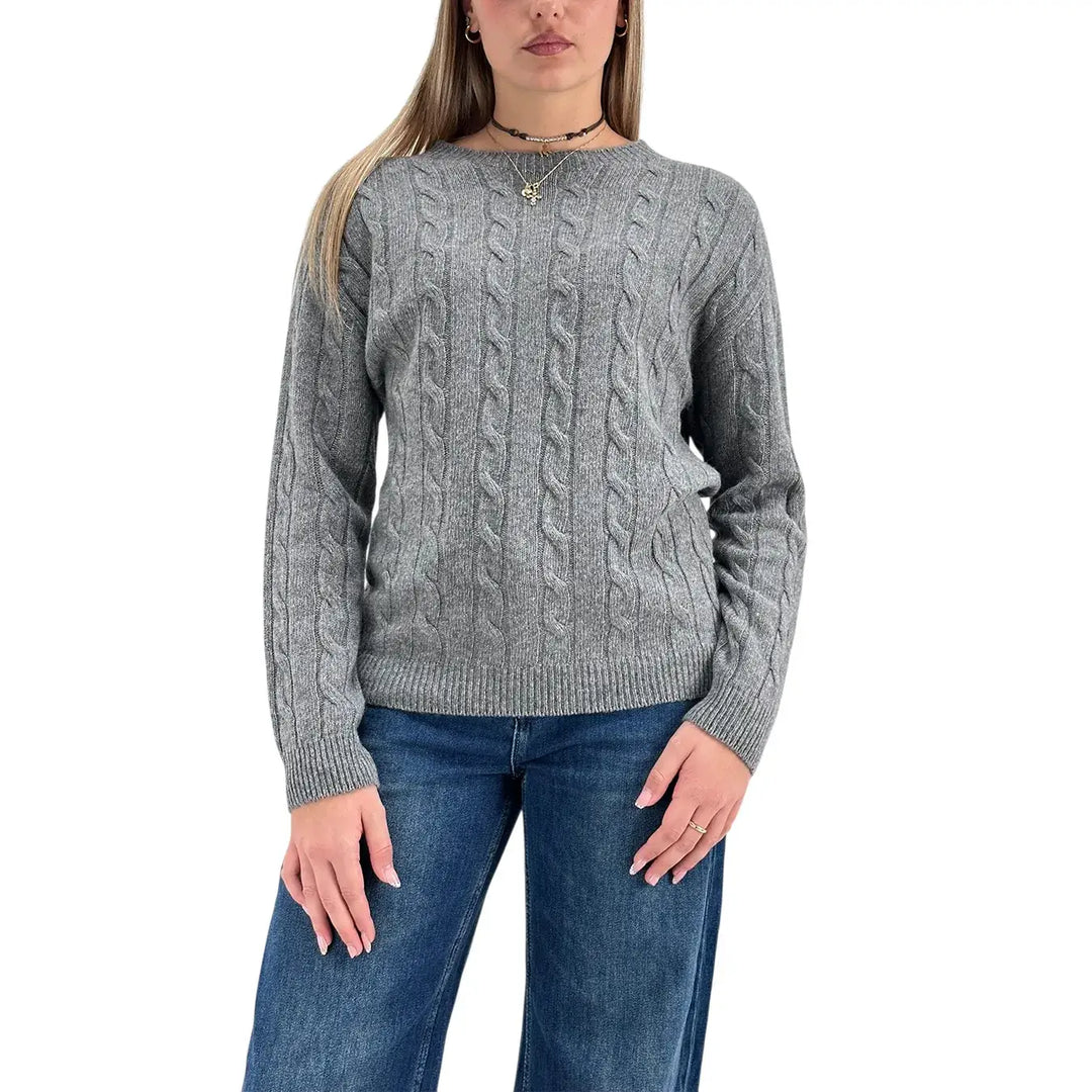 Bassini Maglia Donna Grigia a Treccia Girocollo con Maniche Raglan Oversize